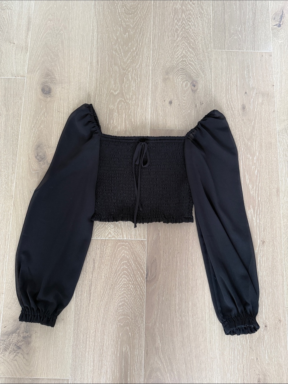 Wilfred Black Smocked Square Neck Puff Sleeve Crop Top